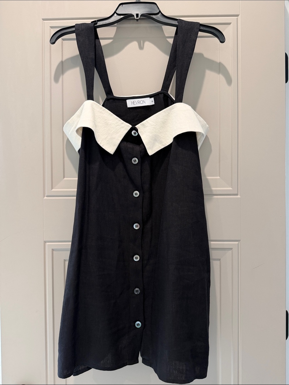 HEVRON Black and Ivory Linen Button Front Paloma Mini Dress